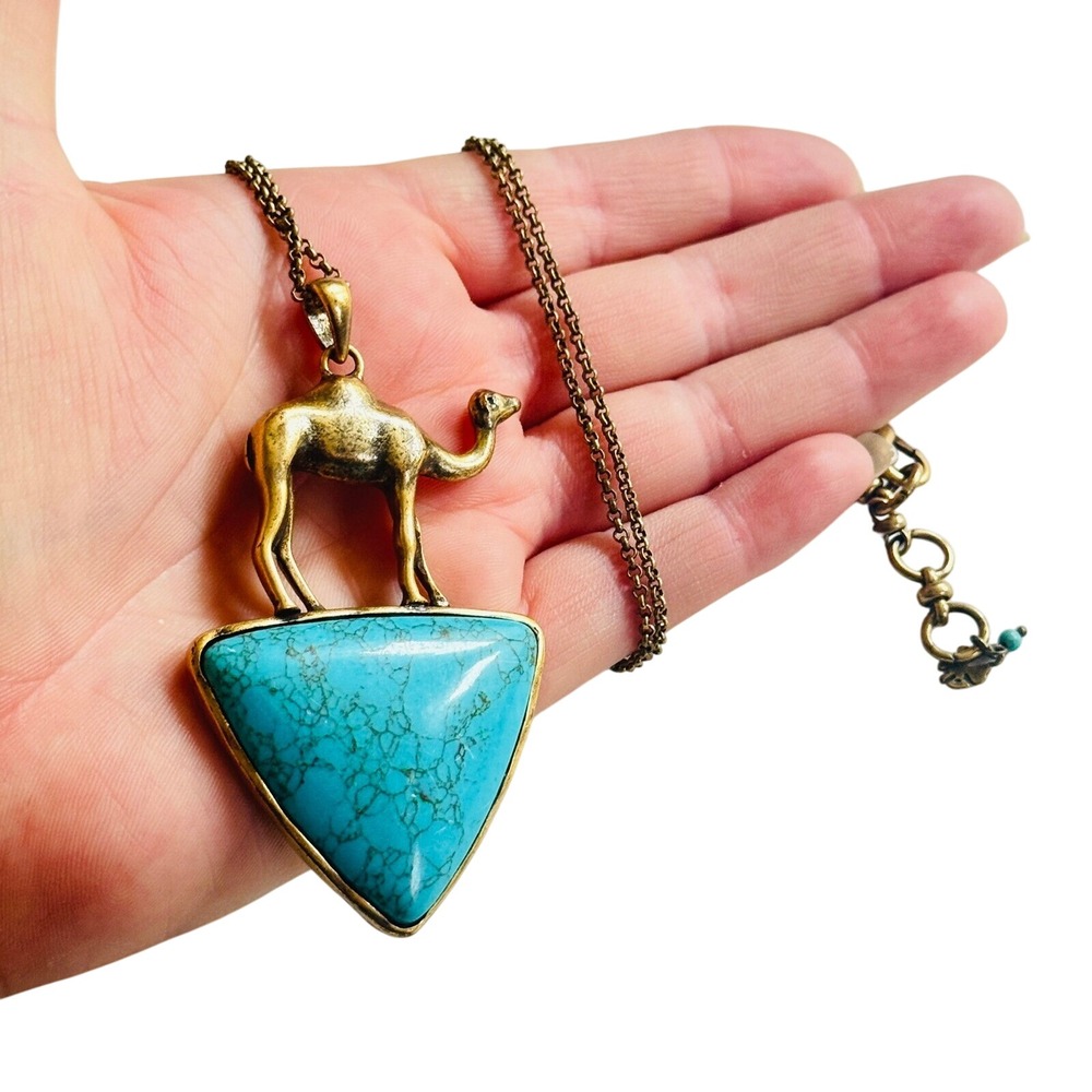 Lucky Brand Camel Necklace BOHO turquoise Bronze Medallion chic rare 26"L